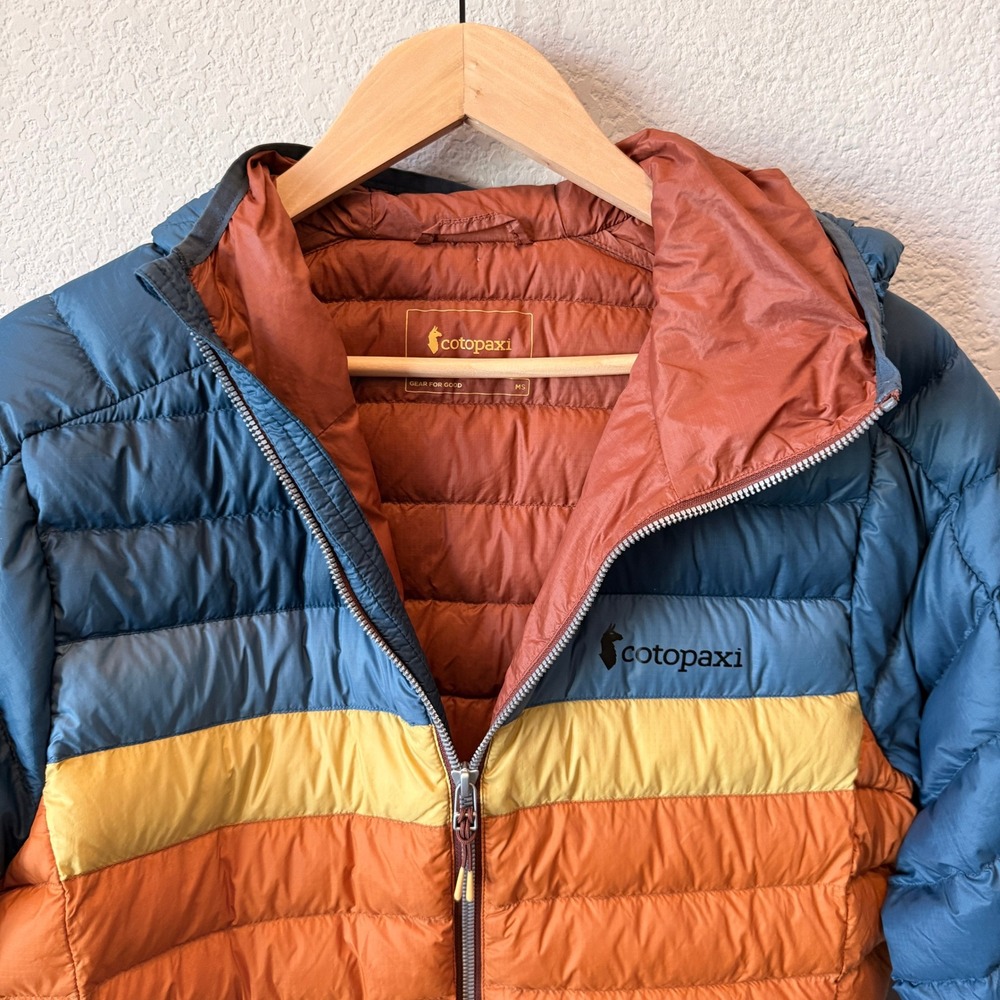 Cotopaxi Fuego Hooded Down Jacket Nylon Puffer Mens MS Blue Orange Yellow
